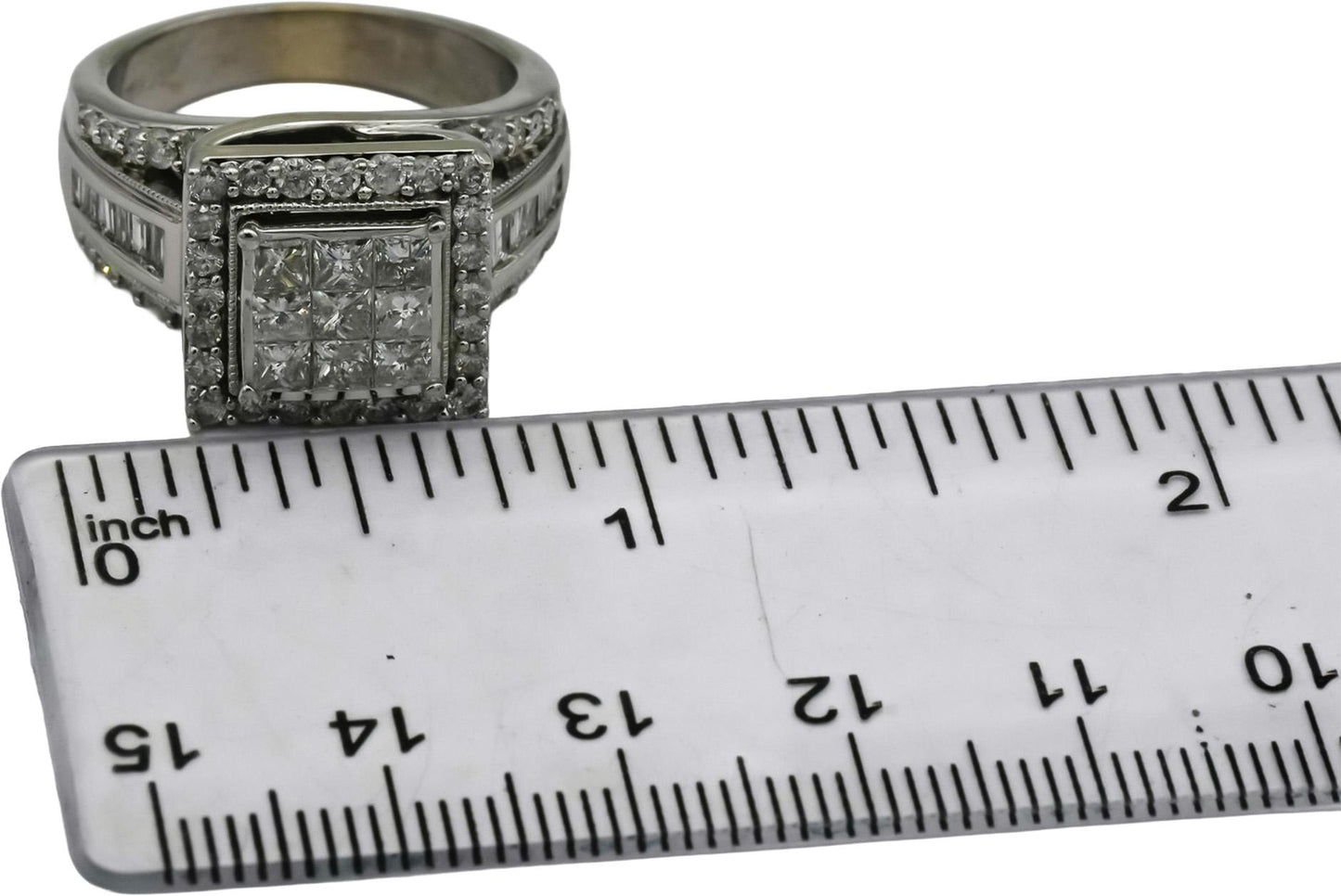10k White Gold Princess Baguette Round Diamond Cluster Ring 2.0CT Size 8