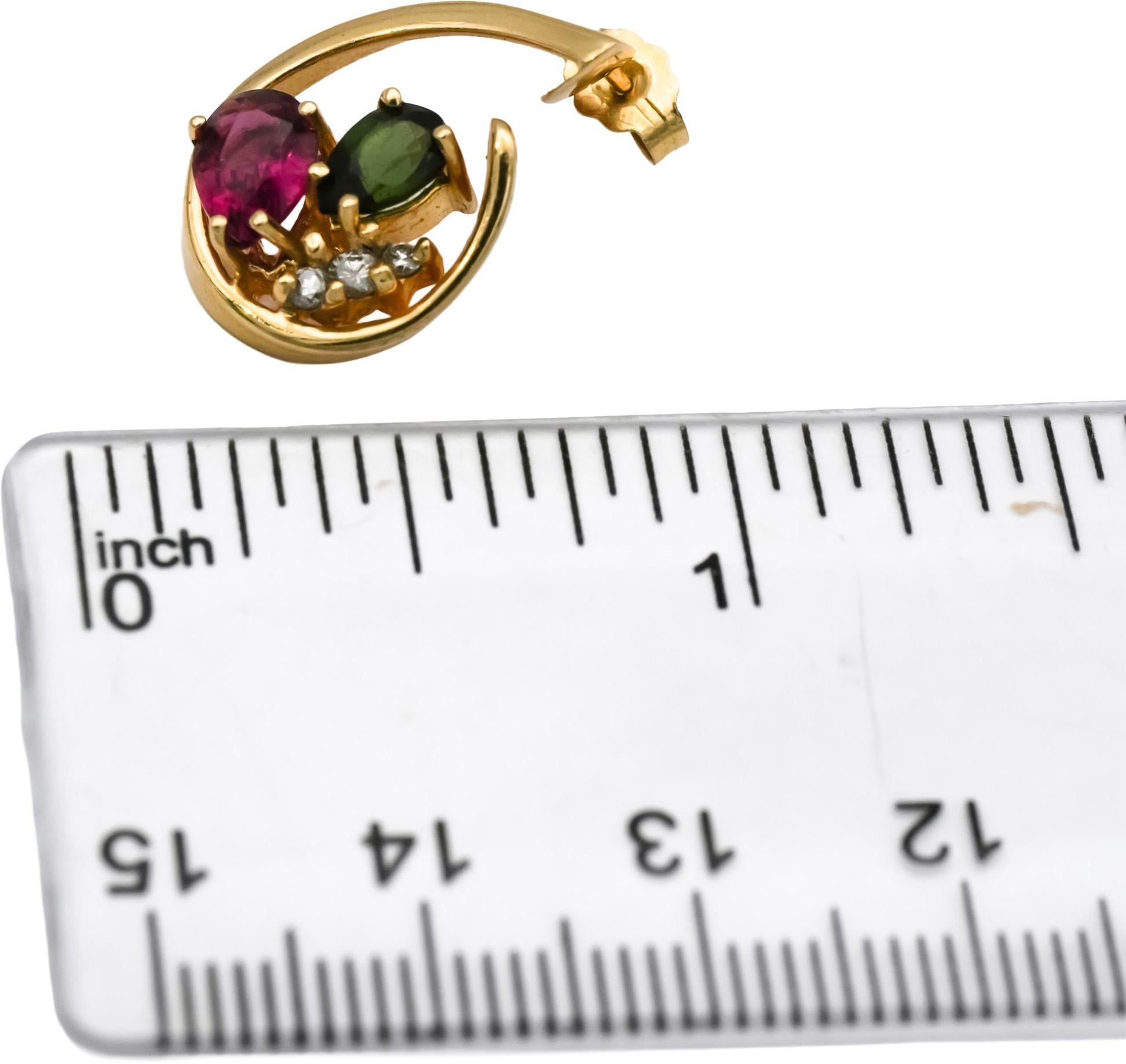 14k Yellow Gold Pink and Green Tourmaline Earrings 2.0CT w/ VS Diamond Accents