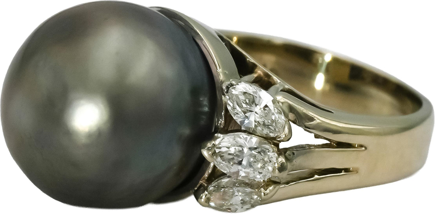 18k White Gold Diamond and Gray Pearl Cocktail Ring 1.10-1.25CT Size 5