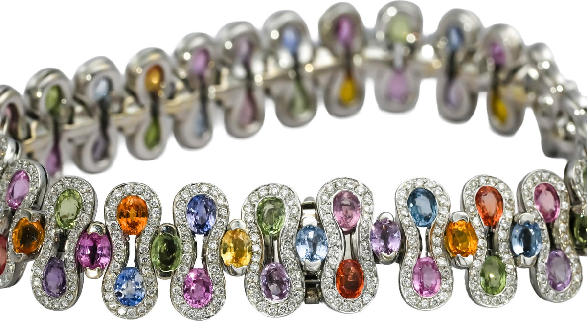 18k White Gold Diamond and Rainbow Sapphire Fancy Link Bracelet 4.0CT