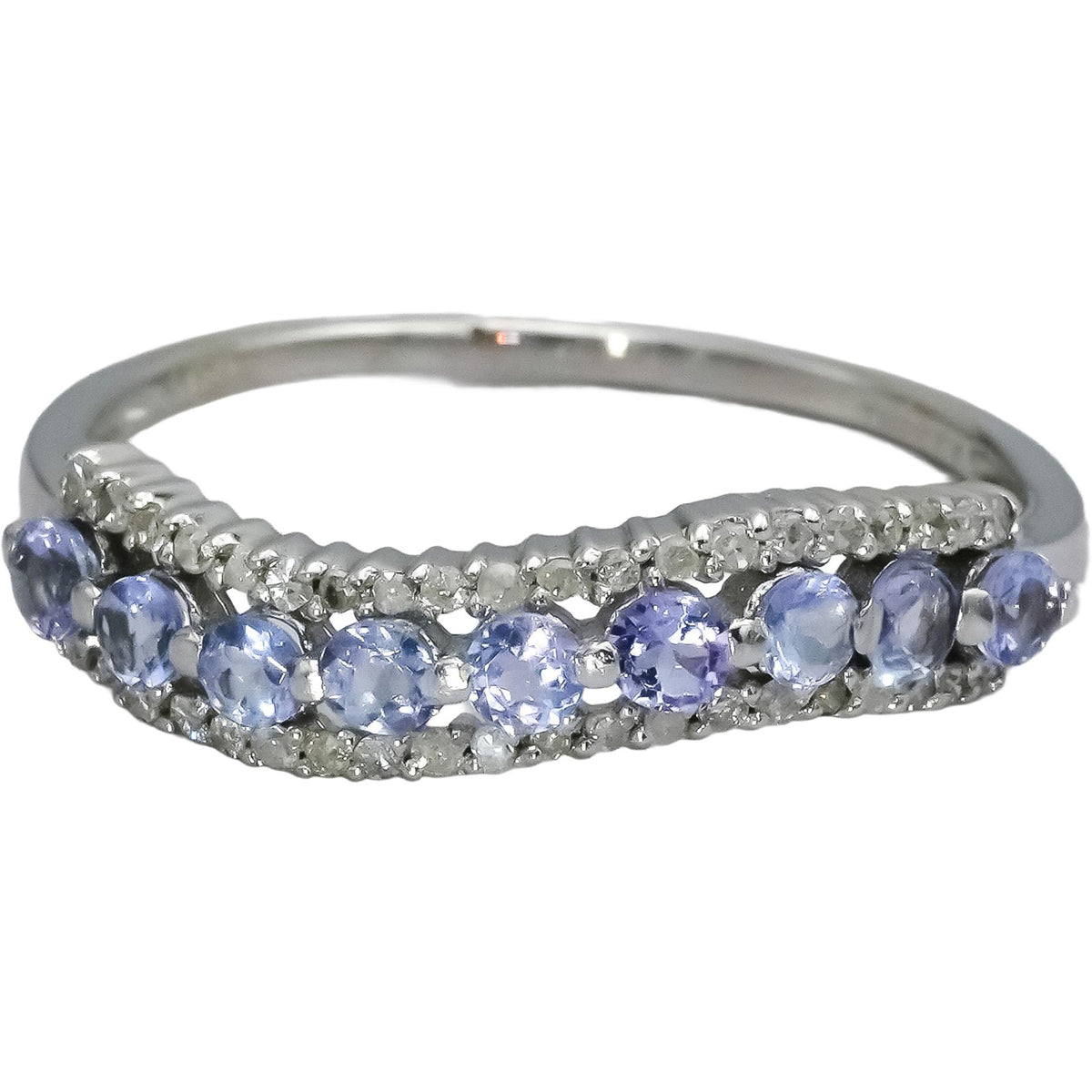 10k White Gold Diamond and Tanzanite Wavy Band Ring 0.70CT Size 10