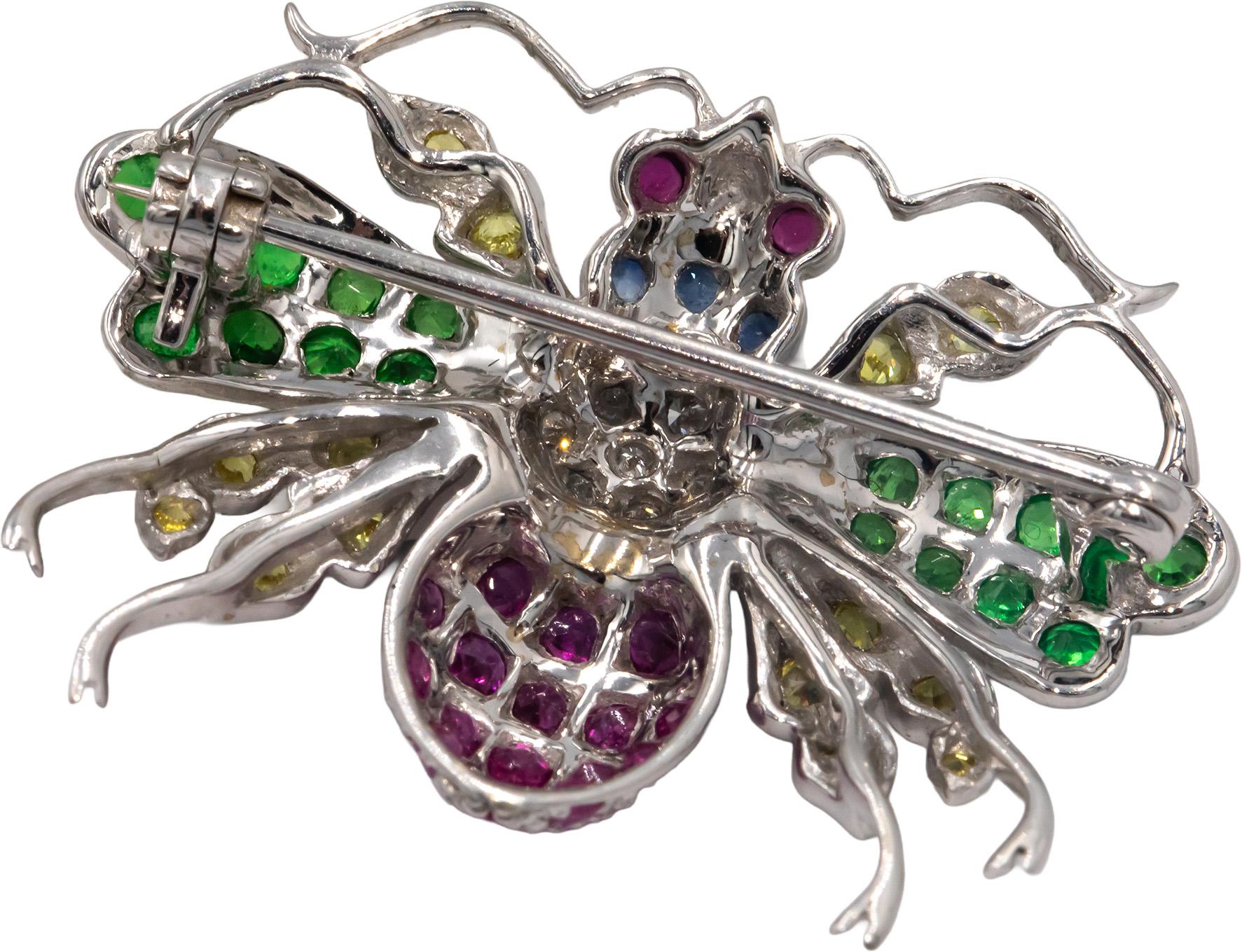 18k White Gold 0.85CT Diamond Ruby Sapphire Peridot Citrine Insect Fly Brooch