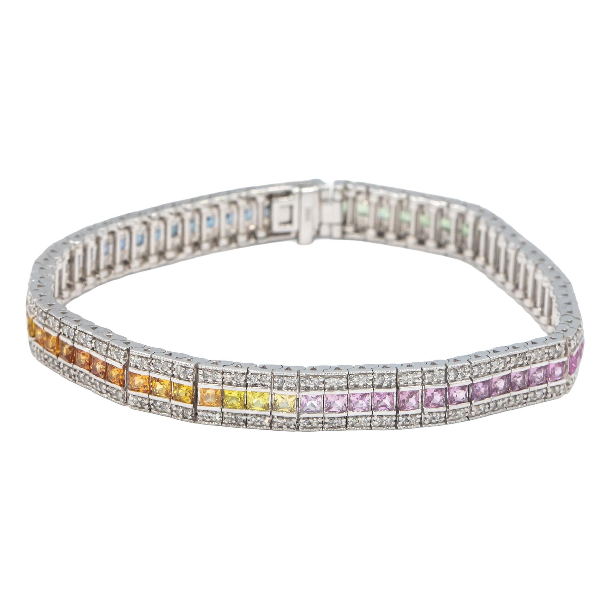 14k White Gold Diamond and Rainbow Sapphire Wide Tennis Bracelet 8.50CT