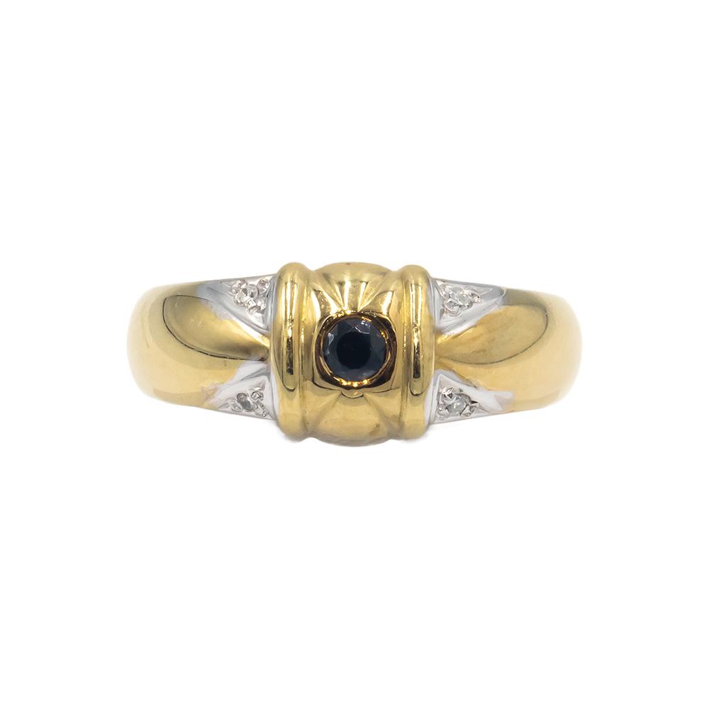 14k Yellow Gold Round Diamond and Sapphire Cocktail Ring 0.12CT Size 7.25
