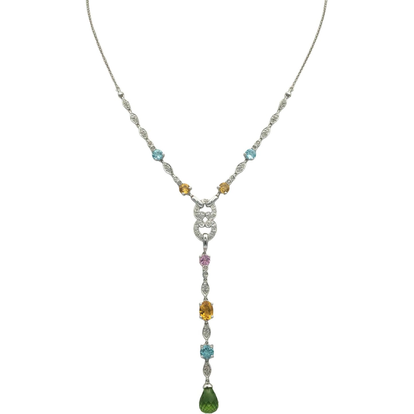 14k White Gold Diamond Assorted Gemstone Green Glass Formal Necklace 0.40CT