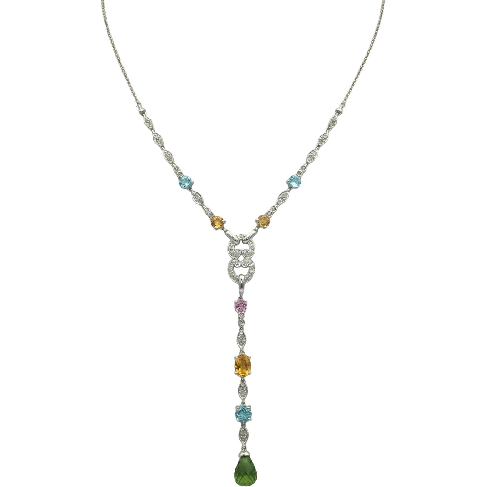 14k White Gold Diamond Assorted Gemstone Green Glass Formal Necklace 0.40CT