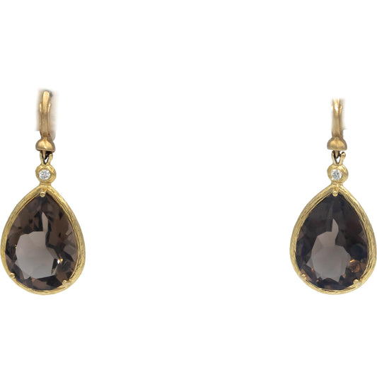 14k Yellow Gold 0.07CT VS Diamond and Smokey Quartz Drop Dangle Earrings