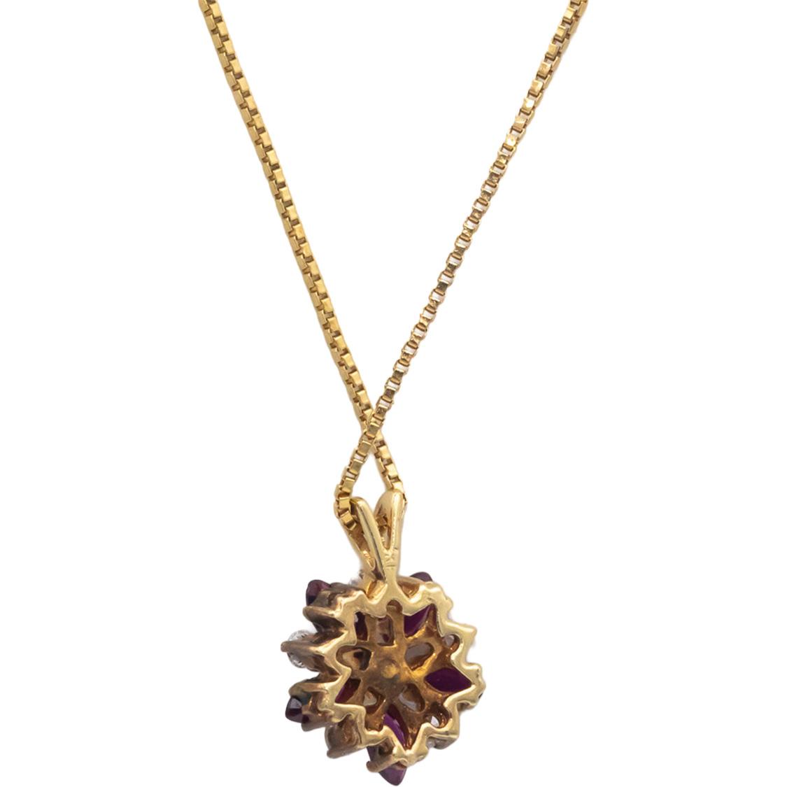 14k Yellow Gold 0.55CT Diamond and Ruby Floral Cluster Pendant Necklace