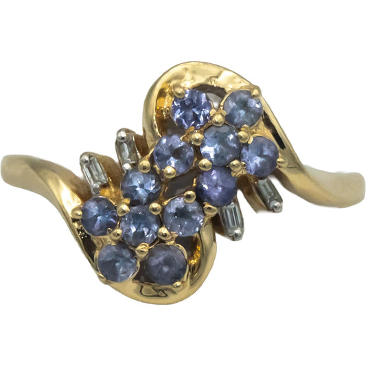 14k Yellow Gold 0.54CT Diamond and Tanzanite Cluster Ring Size 10
