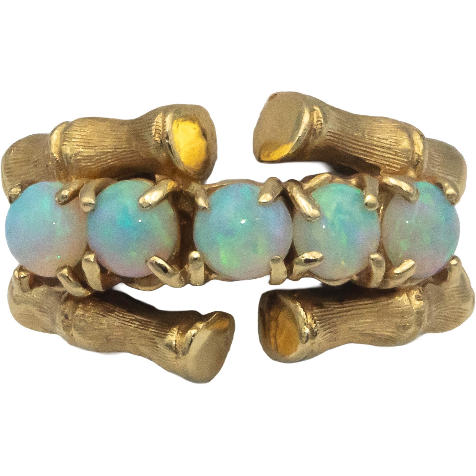 Vintage 14k Yellow Gold Cabochon Opal Bamboo Style Ring 1.0CT Size 6