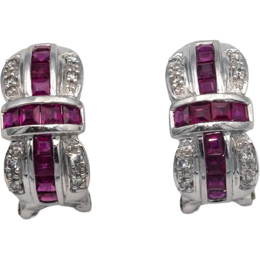 14k White Gold 1.05CT Diamond and Ruby Curved Earrings