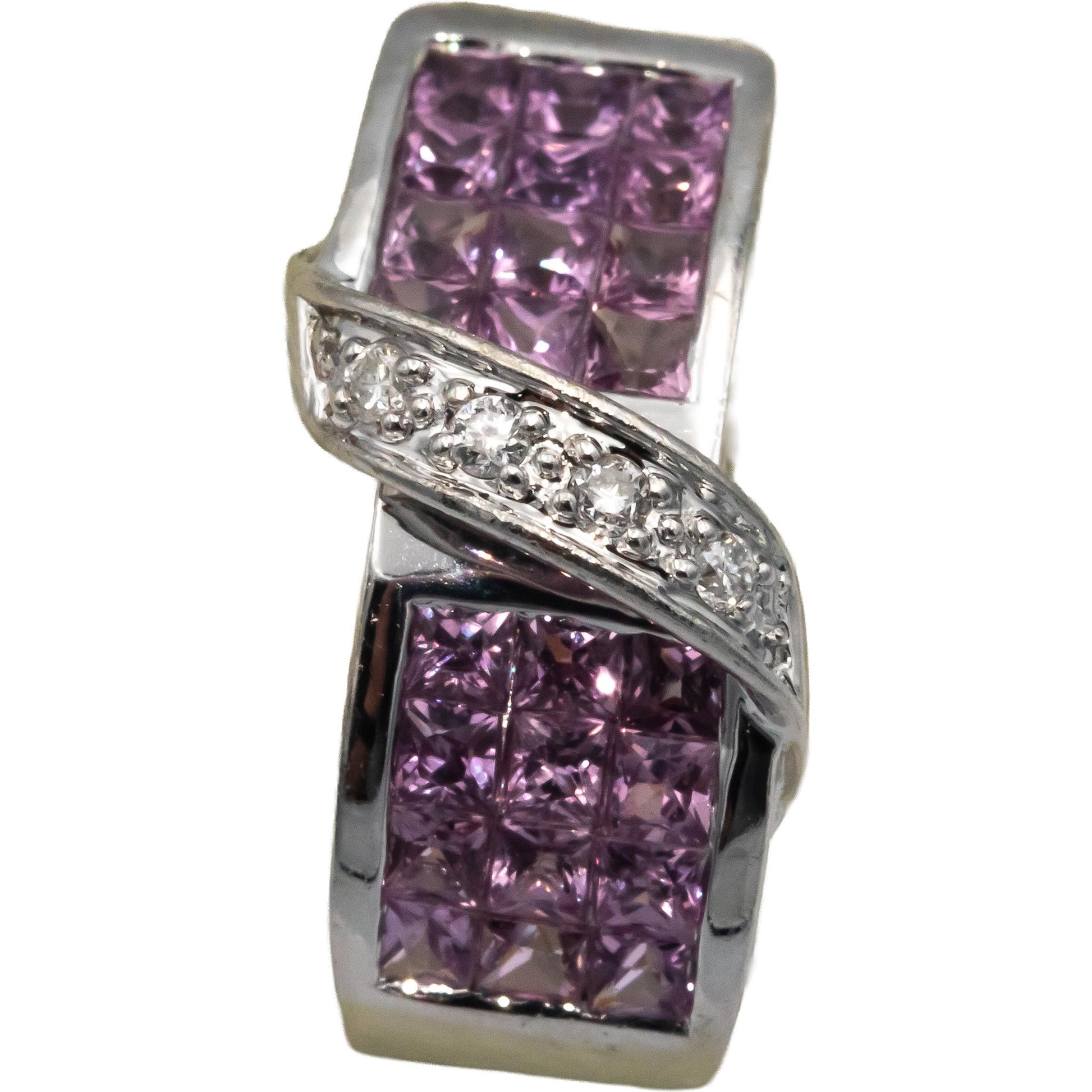 14k White Gold 2.10CT Diamond and Pink Sapphire Curved Earrings