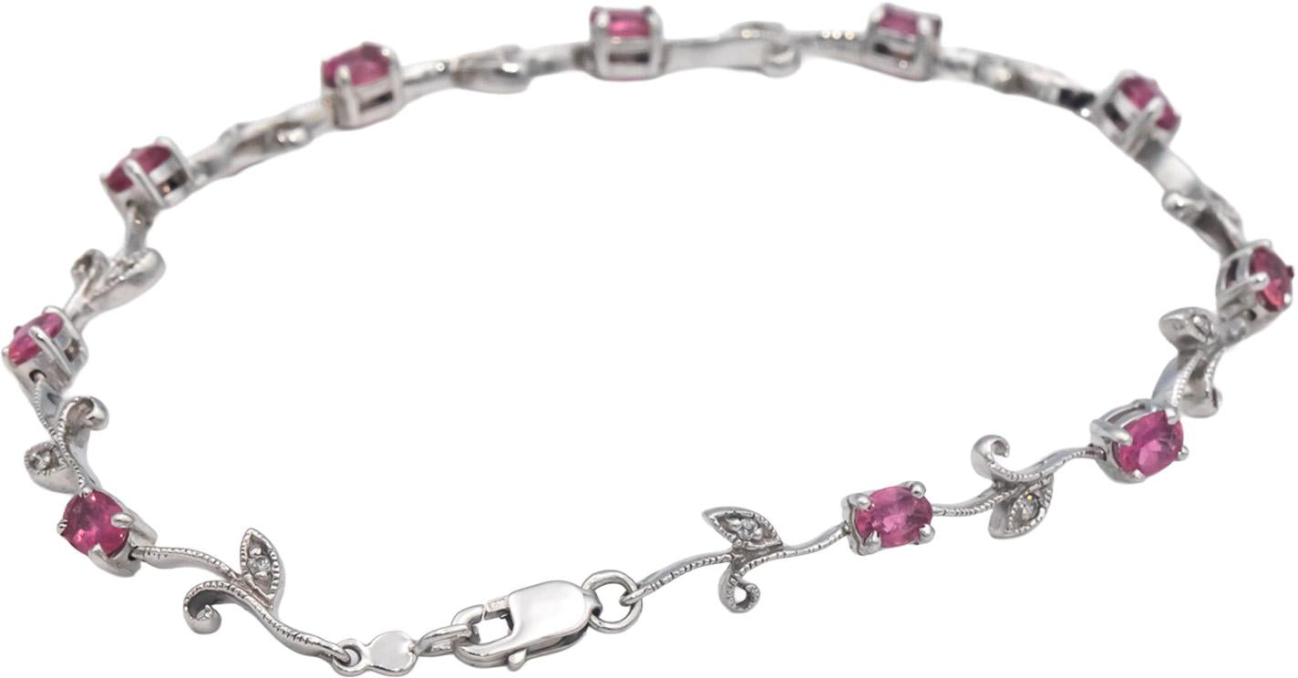 14k White Gold 1.56CT Diamond and Pink Tourmaline Floral Link Bracelet