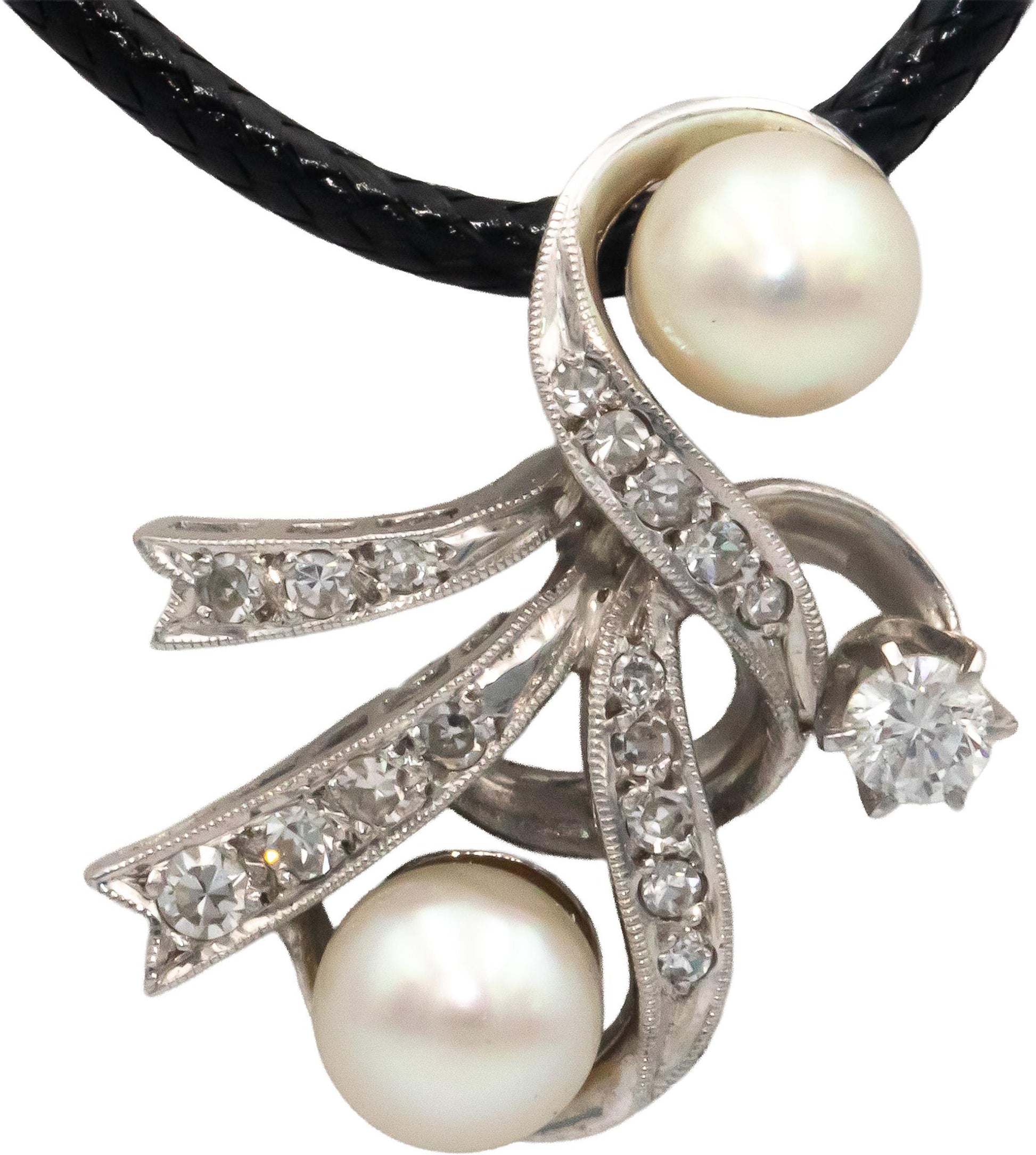 Vintage Antique 14k White Gold 0.30CT VS Diamond & 6.6mm Pearl Pendant Necklace