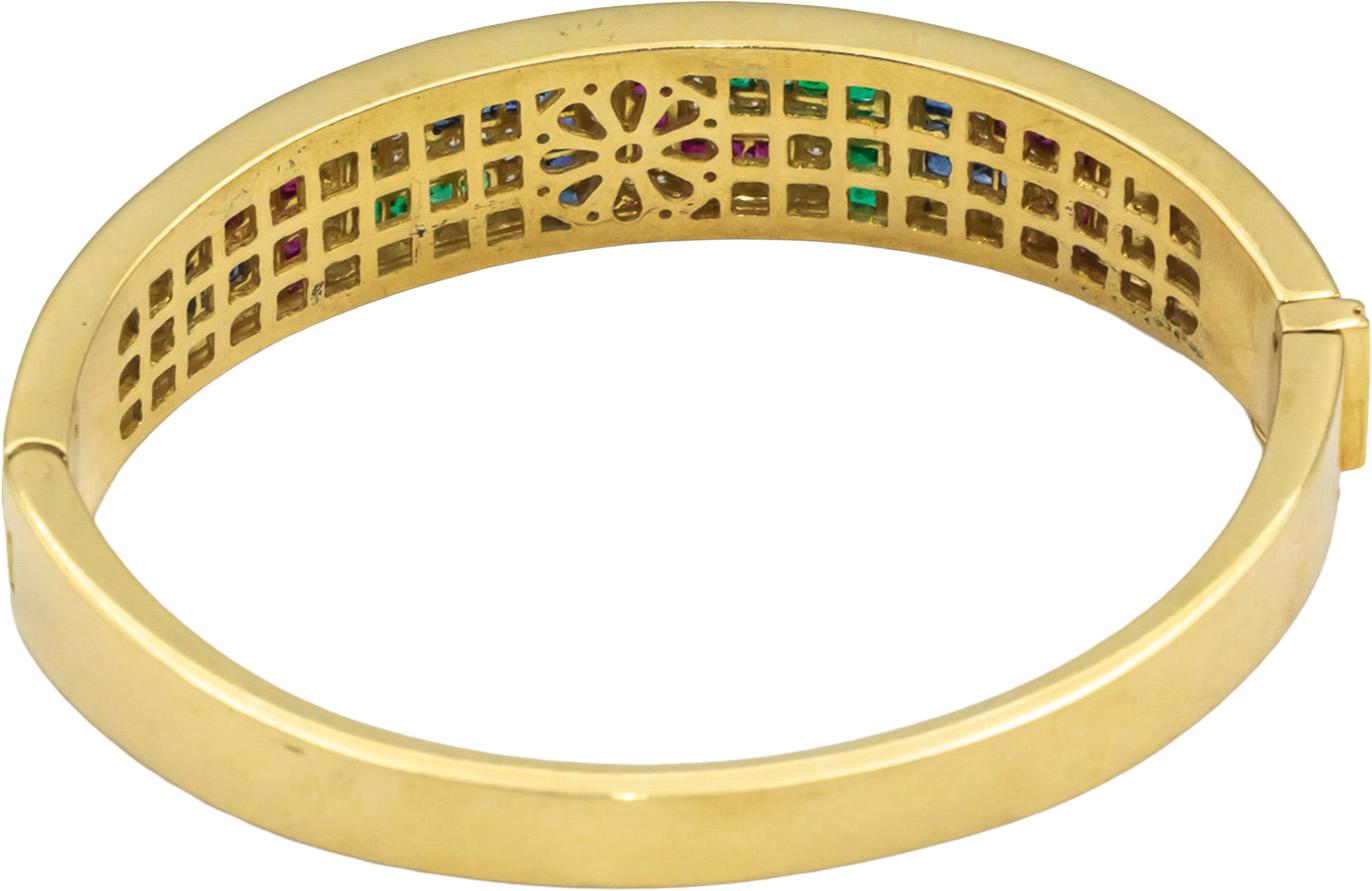 Diamond Ruby Emerald Sapphire 18k Yellow Gold Hinged Bangle Bracelet 3.70CT