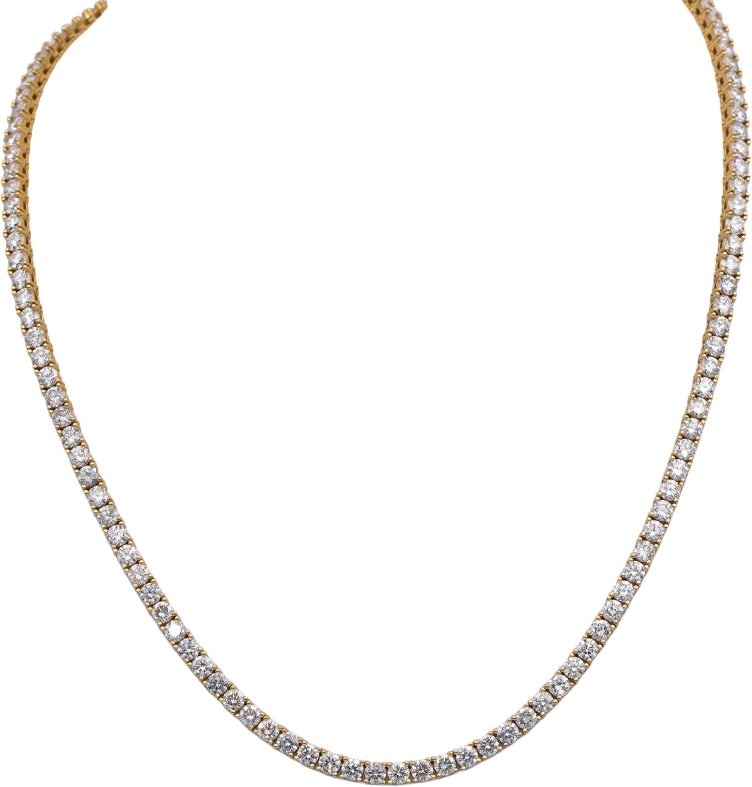 14k Yellow Gold Round Cut Diamond Tennis Necklace 16.5" Long 14.03CT