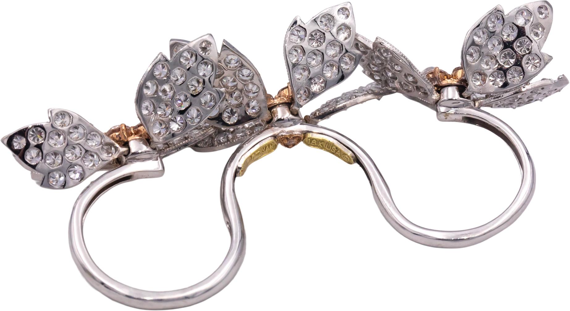 STAMBOLIAN 18k White Yellow Gold Diamond En Tremblant Leaf Double Ring 12.88CT