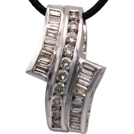 14k White Gold Round and Baguette Cut Diamond Slide Pendant Necklace 3.0CT