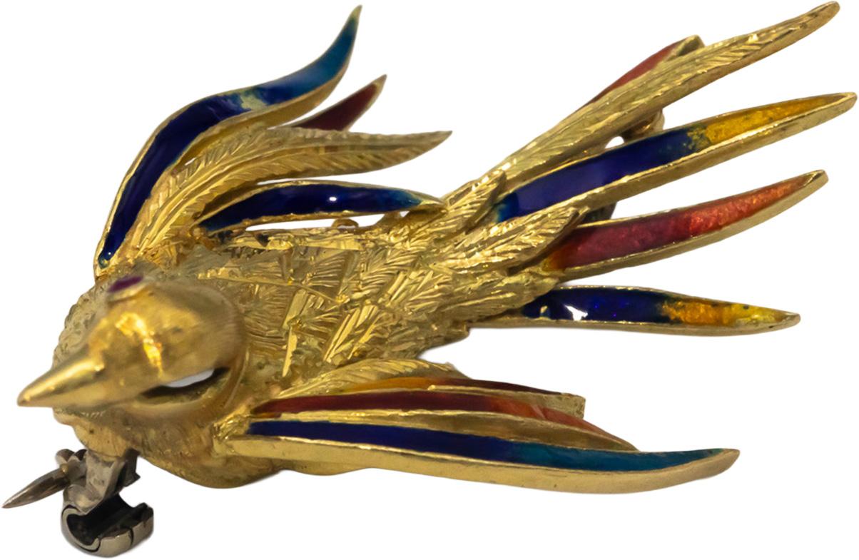Italy 18k Yellow Gold Jewelry Enamel Textured Dove Bird Brooch Pin
