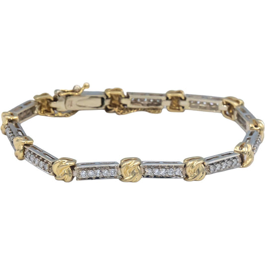 14k White and Yellow Gold Round Diamond Fancy Link Tennis Bracelet 1.0CT