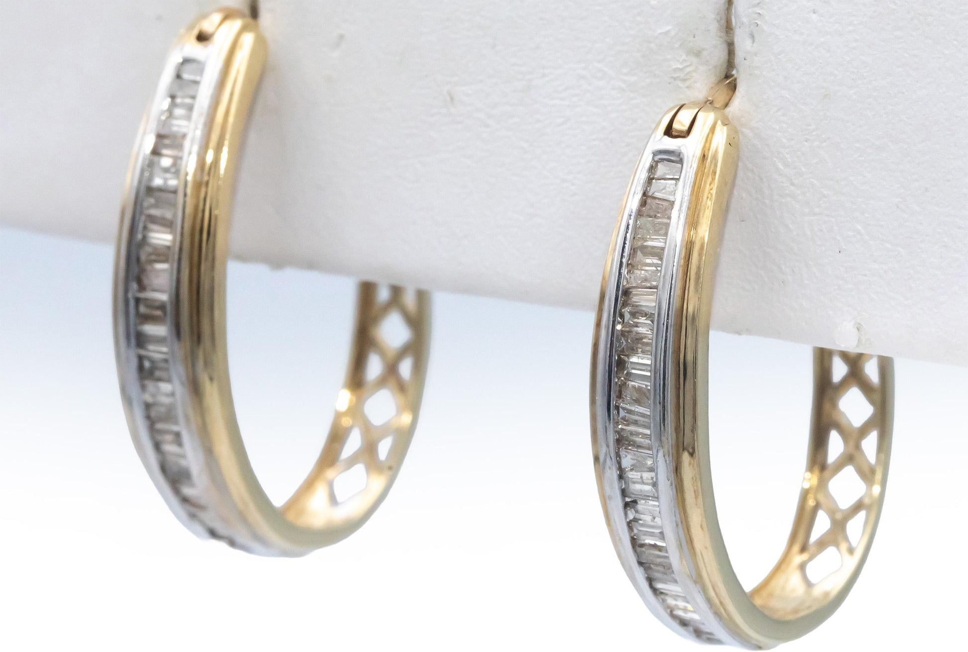 10k Yellow & White Gold Jewelry 1.01CT Baguette Cut Diamond Hoop Earrings