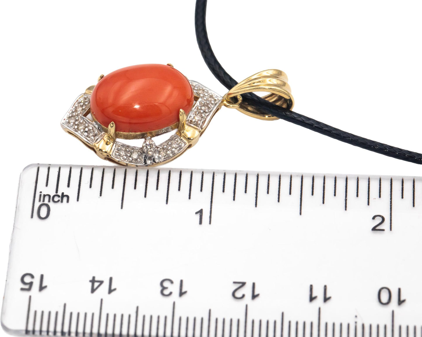 14k Yellow Gold 5.15CT Round Cut Diamond and Cabochon Coral Pendant Necklace
