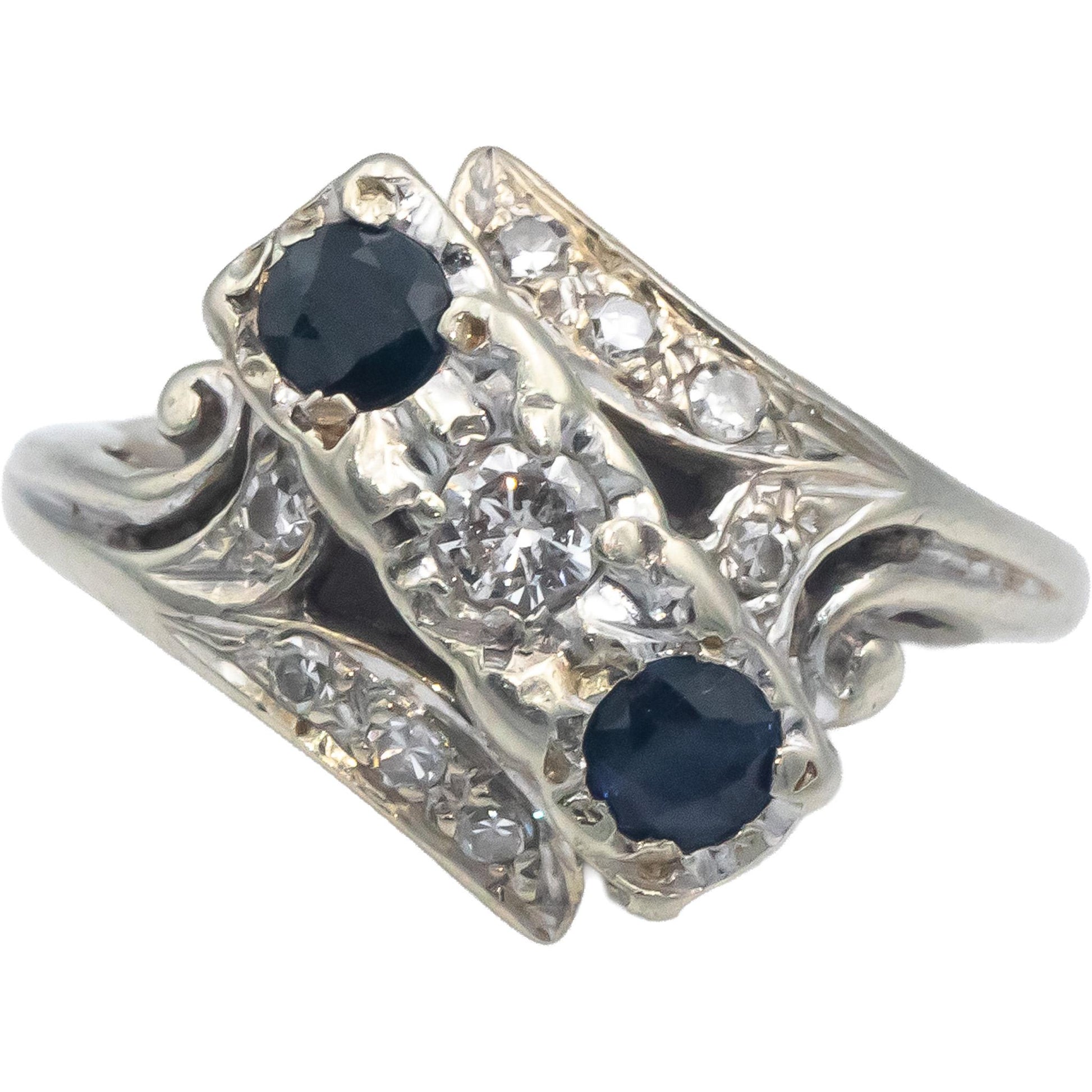 Antique Vintage 14k White Gold 0.64CT Diamond and Sapphire Ring Size 5.75
