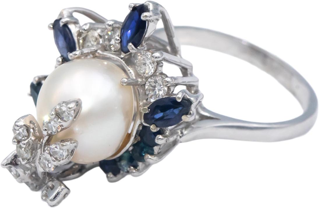 14k White Gold 1.50CT Diamond Sapphire and 10mm Pearl Cocktail Ring Size 8.25
