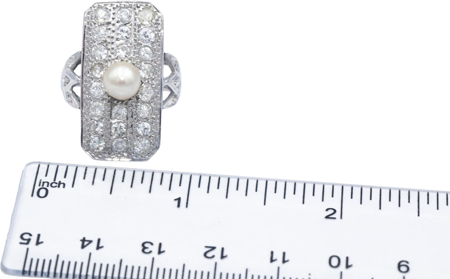 Vintage Antique 14k White Gold 1.25CT & 6.3mm Pearl Cocktail Ring Size 8