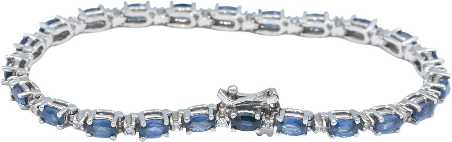 14k White Gold Round Diamond and Marquise Blue Sapphire Tennis Bracelet 6.0CT
