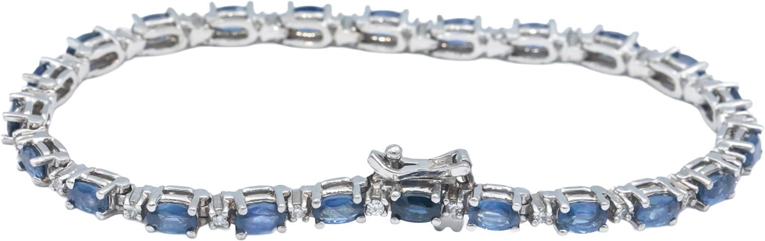 14k White Gold Round Diamond and Marquise Blue Sapphire Tennis Bracelet 6.0CT