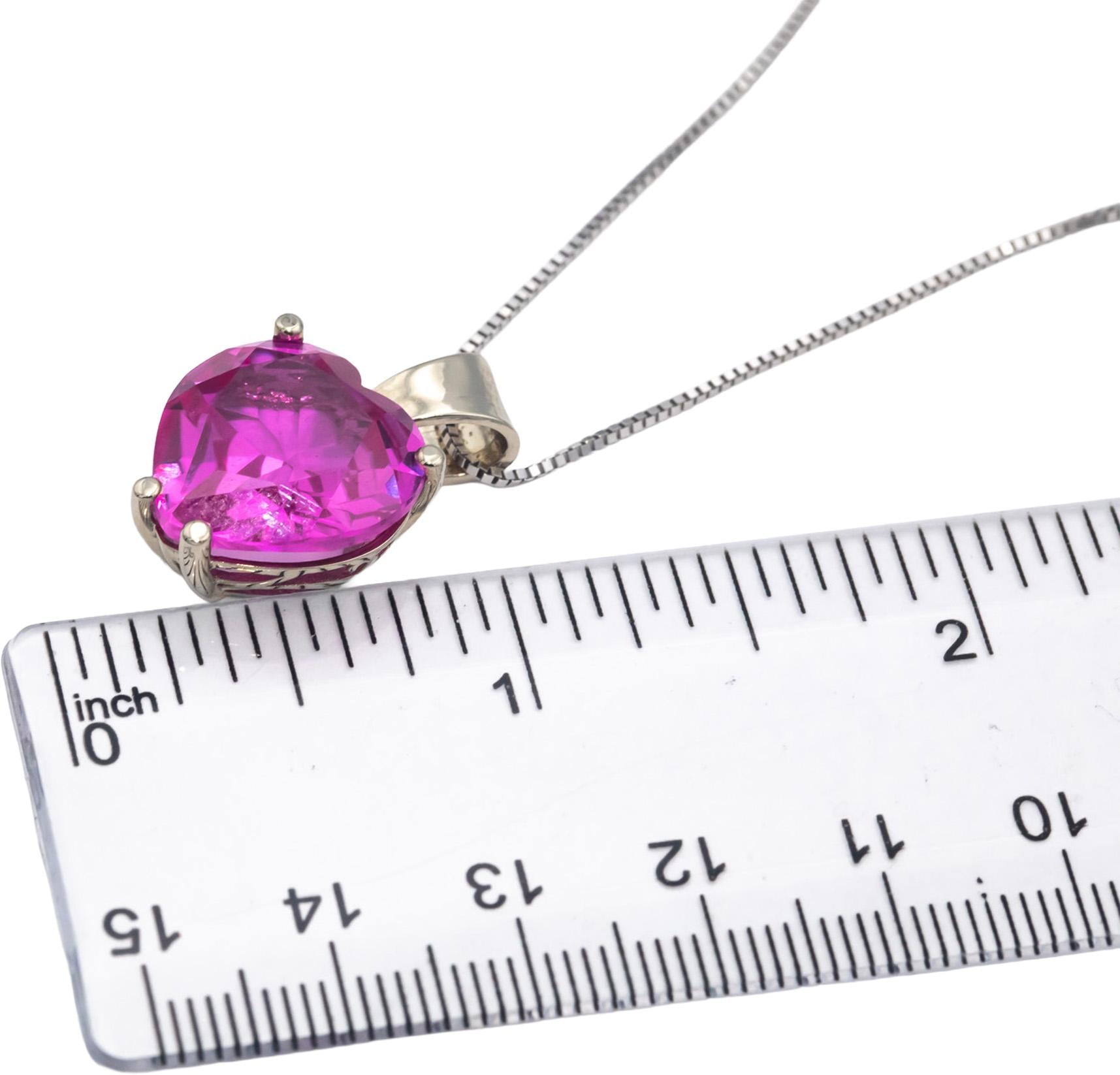 14k White Gold 14.0CT Heart Cut Simulated Pink Sapphire Pendant Necklace
