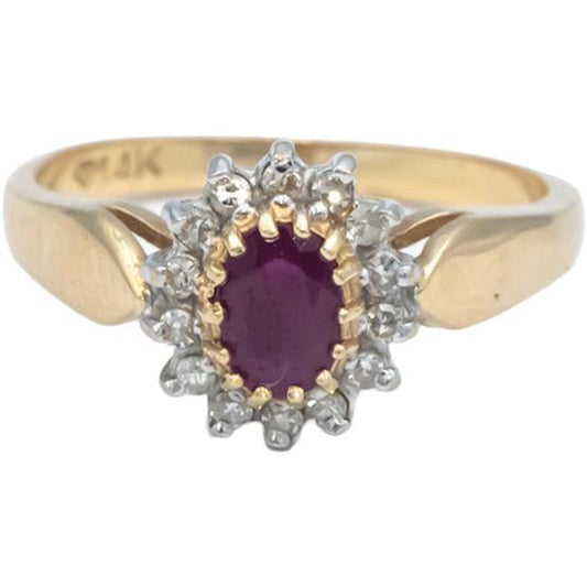 Oval Ruby and Round Diamond 14k Yellow Gold Halo Cocktail Ring Size 7.75