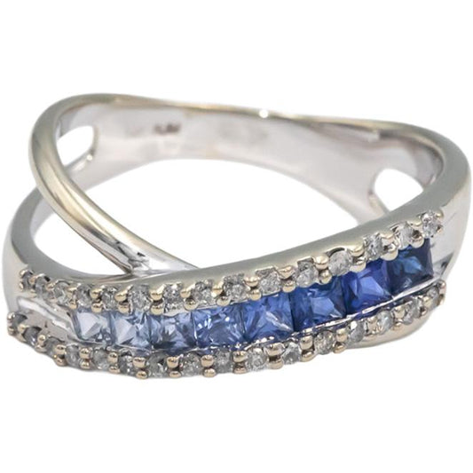Diamond & Blue Sapphire 14k White Gold Crossover Band Ring 0.90CT Size 6.75