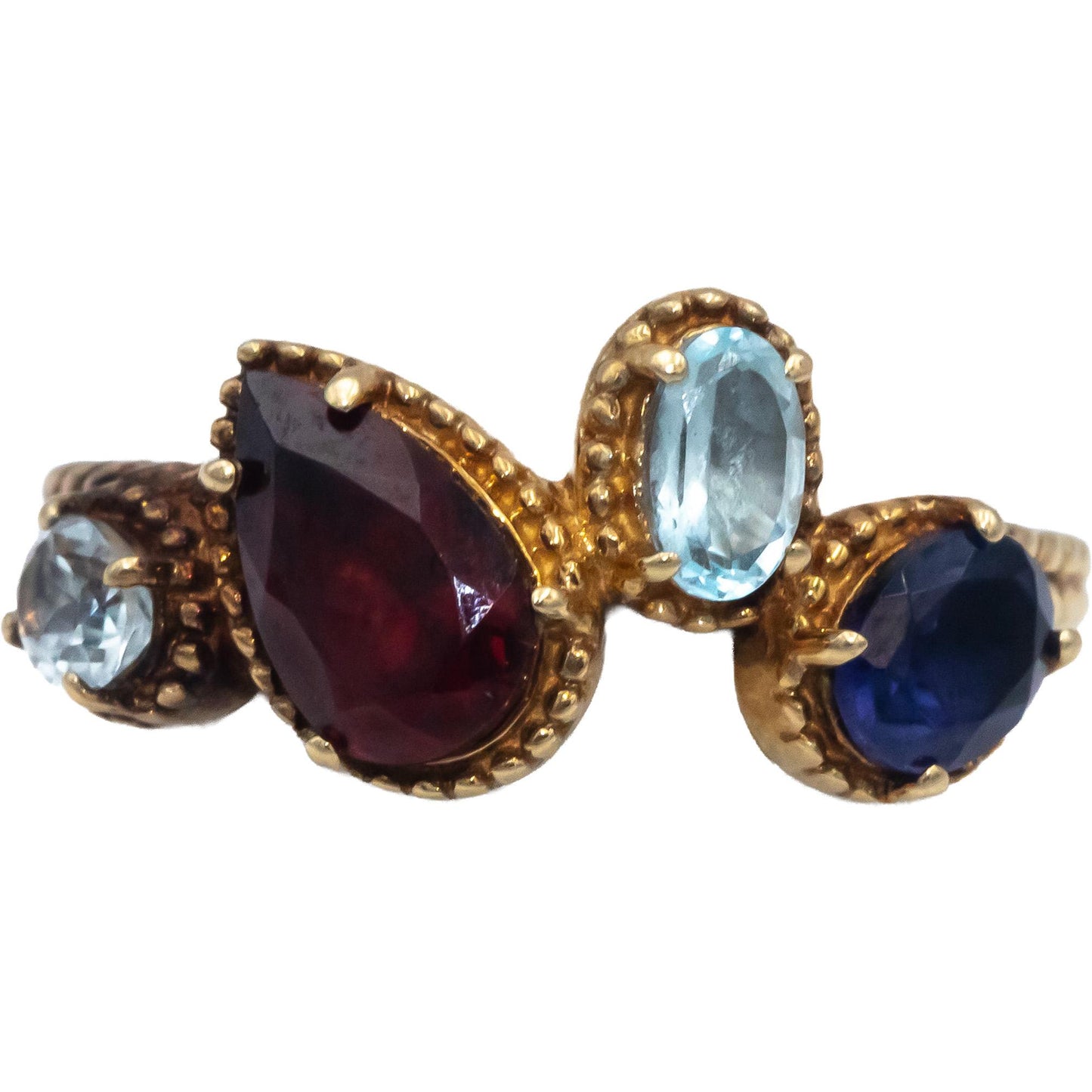14k Yellow Gold Garnet Blue Topaz Amethyst Cocktail Ring 2.0CT Size 7