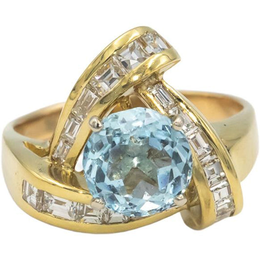 Diamond & Aquamarine 18k Yellow Gold Cocktail Ring 4.35CT Size 10.75