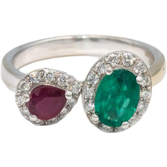 Diamond Emerald Ruby 18k White Gold Double Halo Ring 1.25CT Size 6
