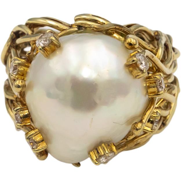 14k Yellow Gold VS Round Diamond & 16mm Pearl Cocktail Ring 0.50CT Size 7.5