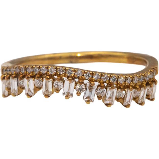 18k Yellow Gold VS Round & Baguette Cut Diamond Wavy Band Ring 0.35CT Size 7.25