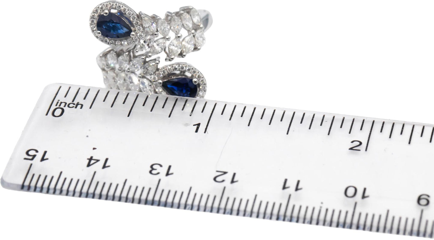 18k White Gold Blue Sapphire & VS Diamond By Pass Cocktail Ring 2.0CT Size 6.5