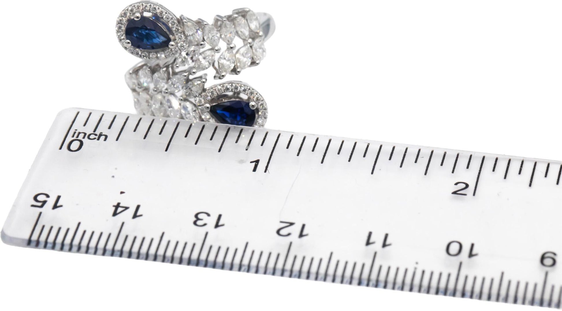 18k White Gold Blue Sapphire & VS Diamond By Pass Cocktail Ring 2.0CT Size 6.5