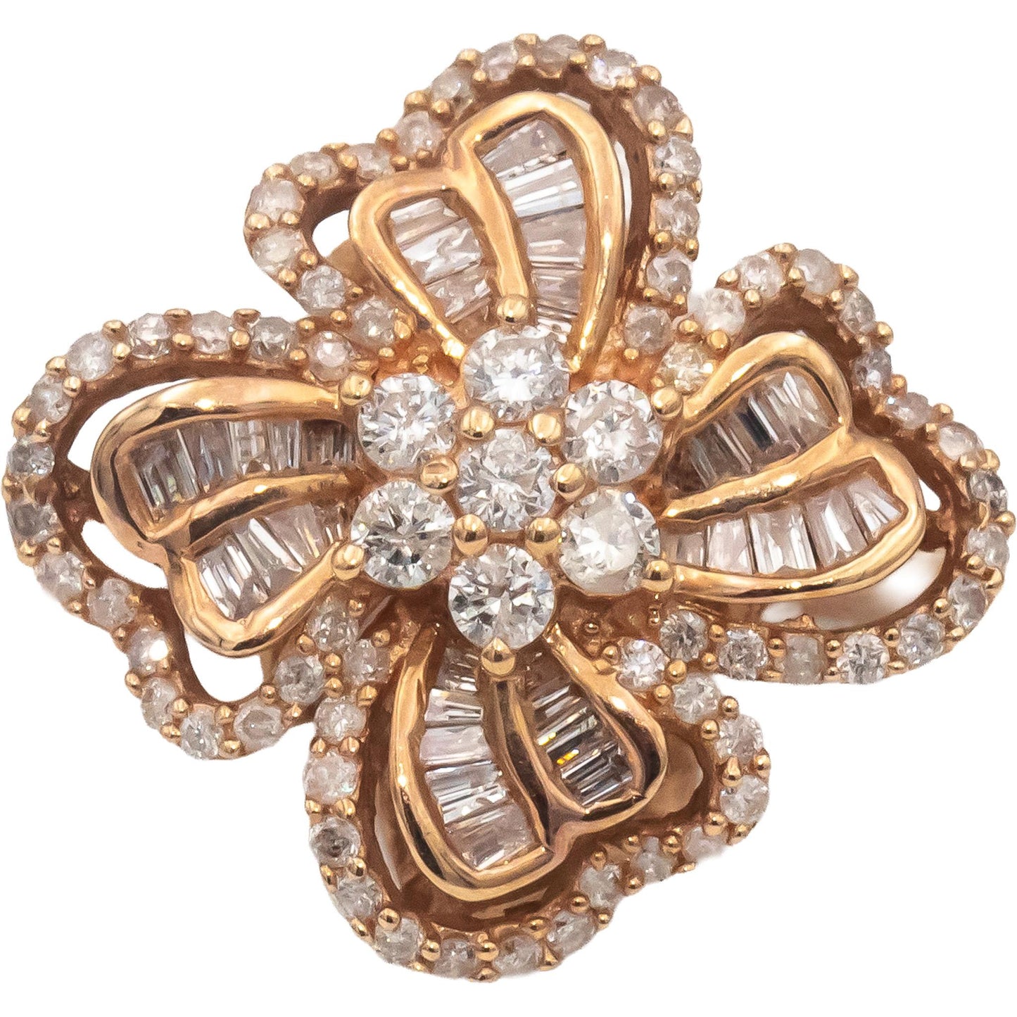 14k Rose Gold Round & Baguette Cut Diamond Flower Cocktail Ring 0.75CT Size 10