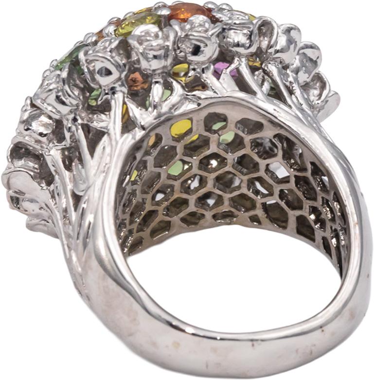 14k White Gold Round Cut Rainbow Sapphire Cluster Dome Ring 10.0CTW Size 8.75