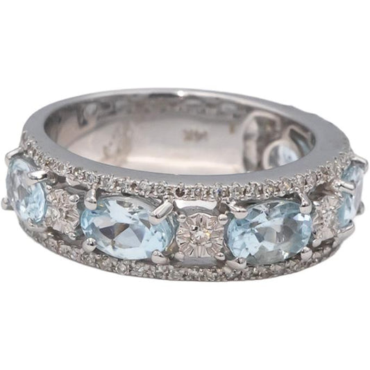 14k White Gold Oval Aquamarine & Round Diamond Band Ring 1.45CT Size 7