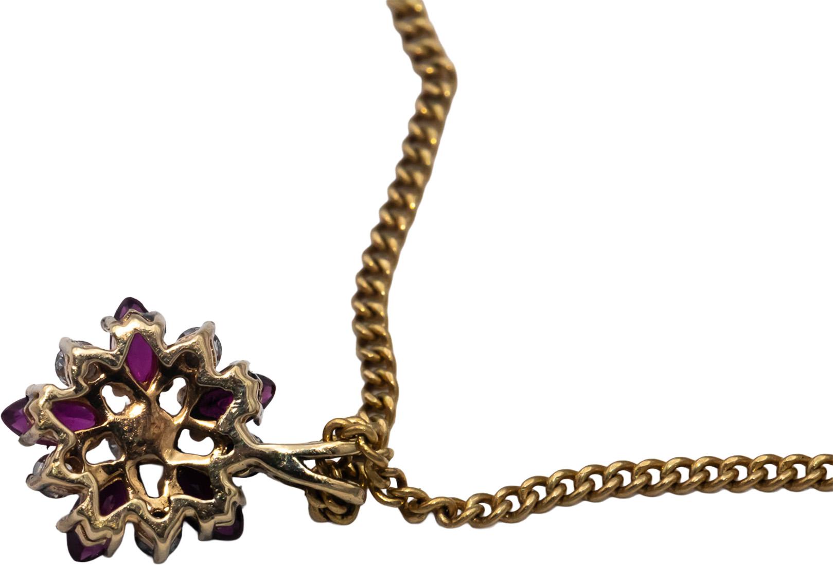 14k Yellow Gold Diamond and Ruby Floral Cluster Pendant Necklace 0.55CT