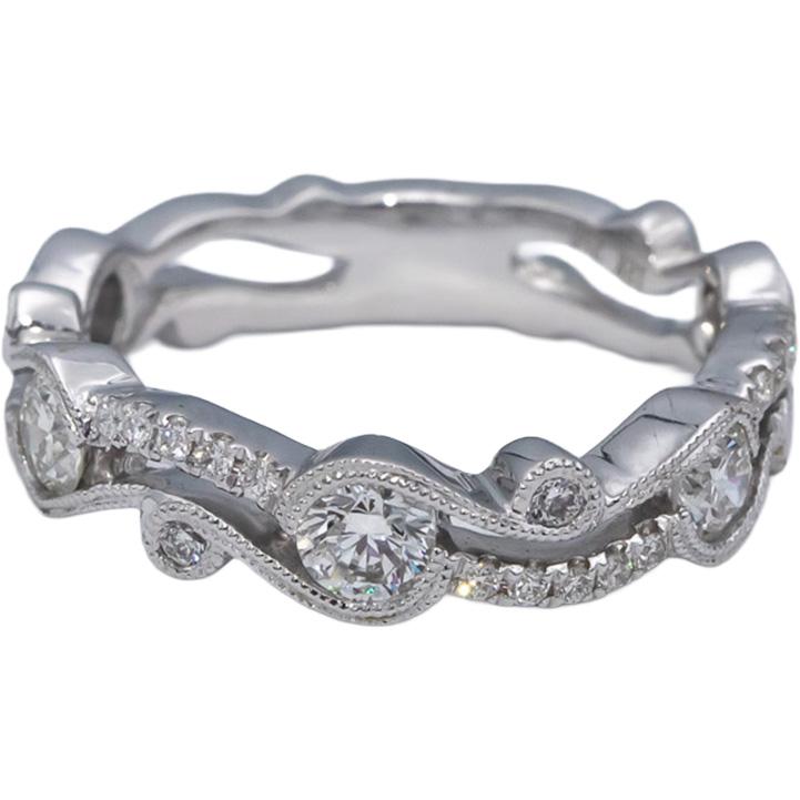 18k White Gold Round Diamond Milgrain Scroll Band Ring 0.60CT Size 6.5