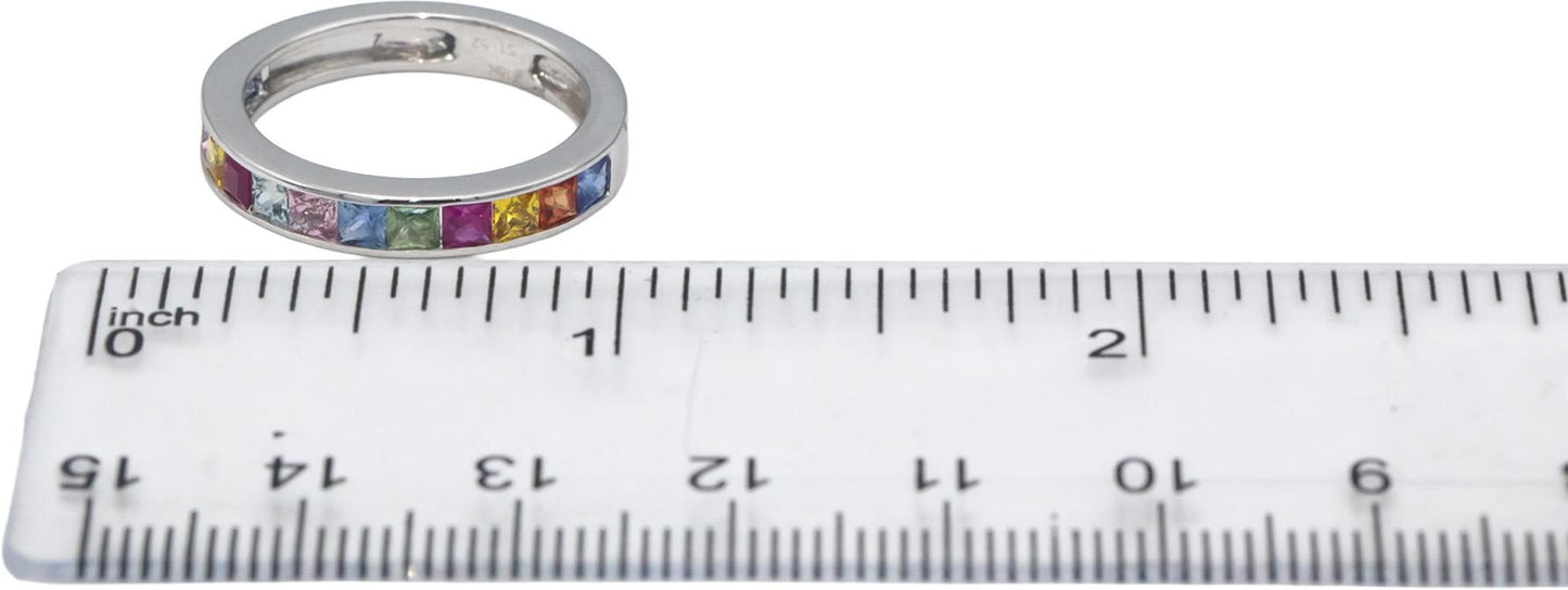 18k White Gold Square Channel Set Rainbow Sapphire Band Ring 1.52CT Size 7