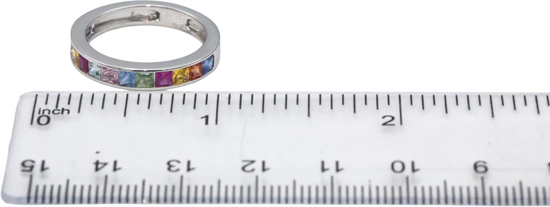 18k White Gold Square Channel Set Rainbow Sapphire Band Ring 1.52CT Size 7