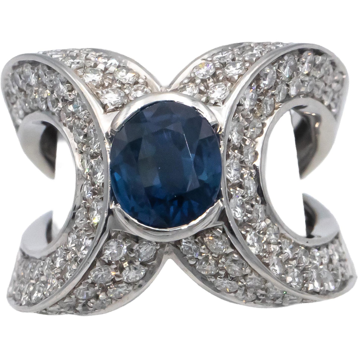 18k White Gold Oval Blue Sapphire Round Diamond Cocktail Ring 4.10CT Size 6.25