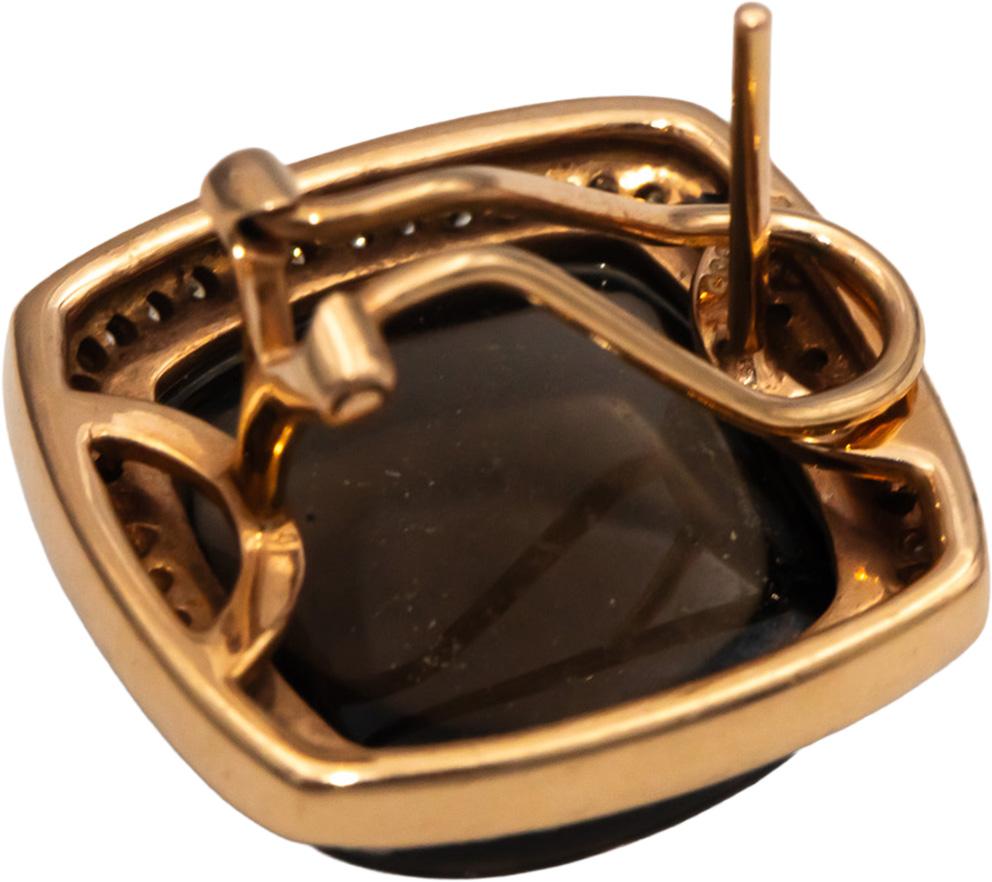 14k Rose Gold Cabochon Smokey Quartz and Round Diamond Earrings 21.33CTW